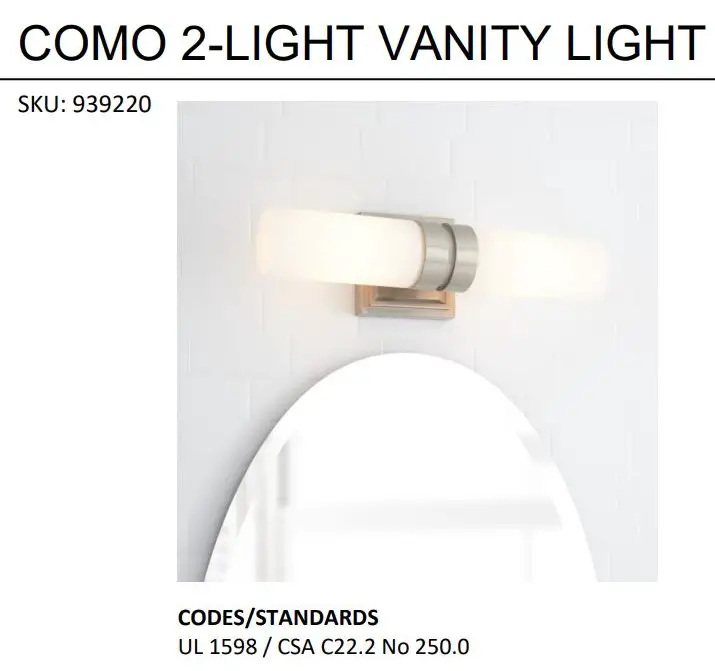 PARK HARBOR 939220 Como 2 Light Vanity Light Instructions