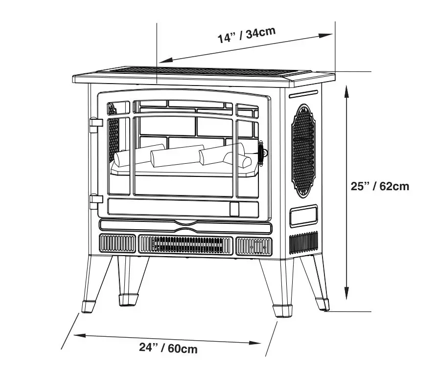 TURBRO Suburbs TS25 Electric Fireplace Stove - Dimensions