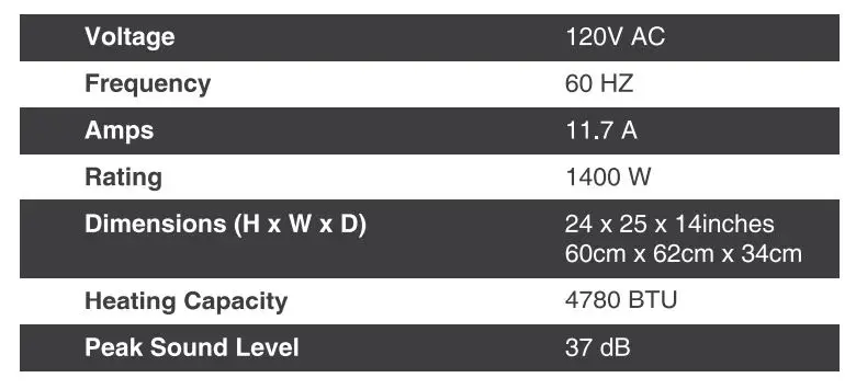 TURBRO Suburbs TS25 Electric Fireplace Stove - TECHNICAL SPECIFICATIONS