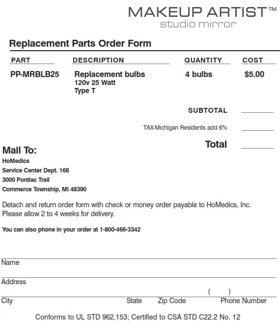 Homedics M-9015 Makeup Artist Studio Mirror - Order Form