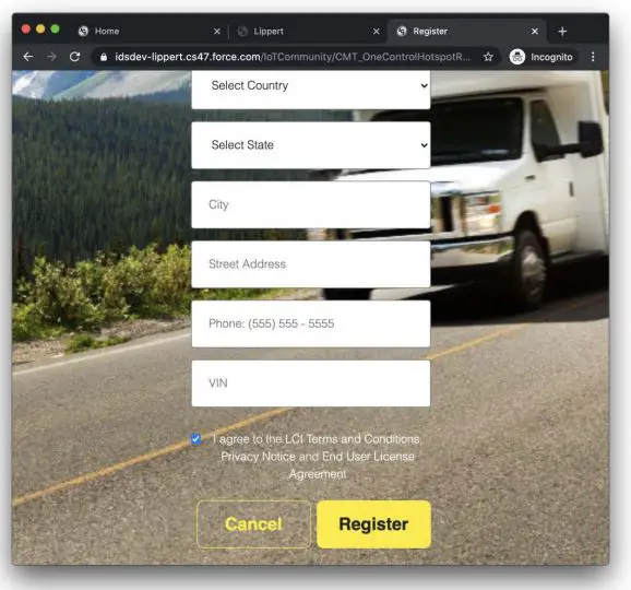 LIPPERT OneControl Hotspot Plus Telematics-City, street address, phone number and vin number are asked for