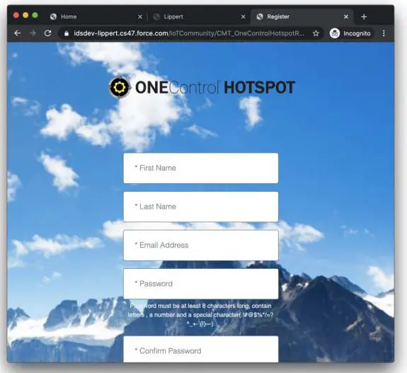 LIPPERT OneControl Hotspot Plus Telematics - Registration asks for Name, email address, and password