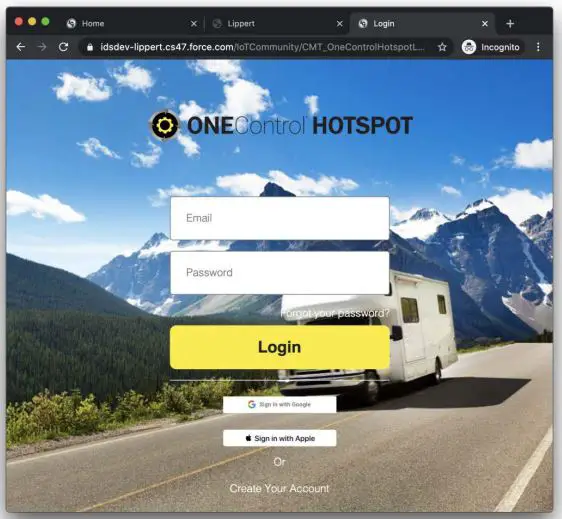 LIPPERT OneControl Hotspot Plus Telematics - Social login can be used, as well as using email for login