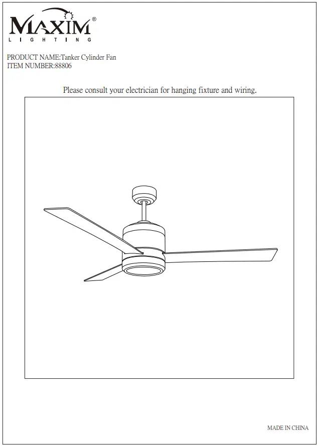 MAXIM LIGHTING 88806 52 Inch Tanker Cylinder Fan with LED Light Instruction Manual