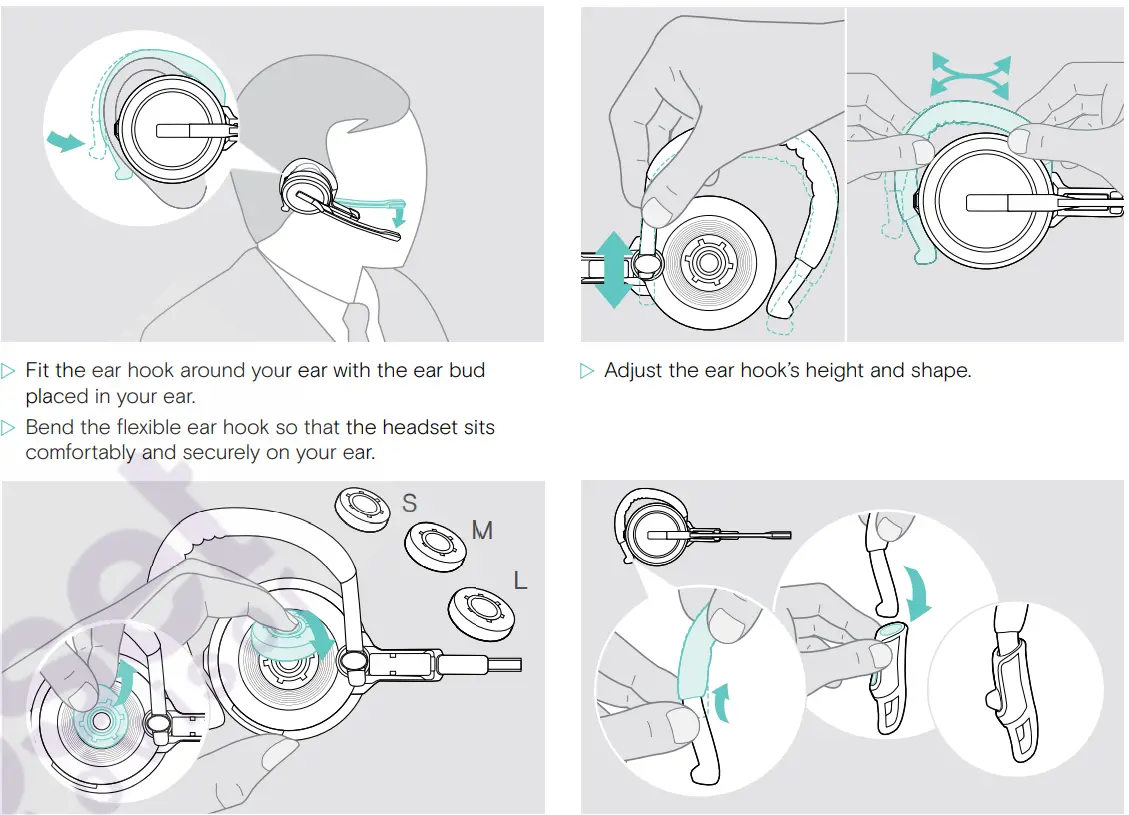 EPOS SDW D1 USB DECT Dongle for IMPACT 5000 Series Headsets User Guide - Adjusting the ear hook for perfect wearing comfort