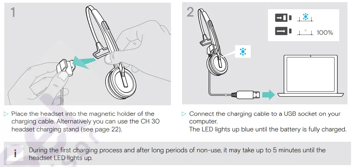 EPOS SDW D1 USB DECT Dongle for IMPACT 5000 Series Headsets User Guide - Charging the headset before first use