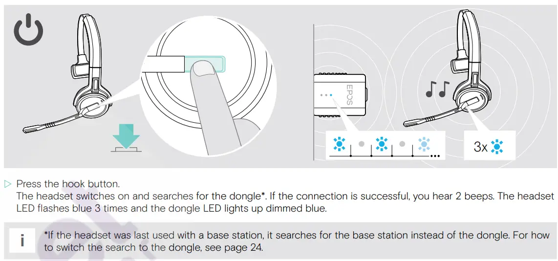 EPOS SDW D1 USB DECT Dongle for IMPACT 5000 Series Headsets User Guide - Switching the headset on