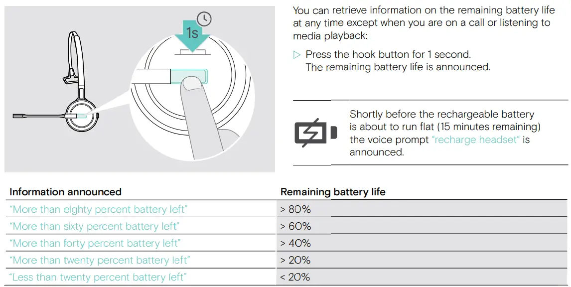 EPOS SDW D1 USB DECT Dongle for IMPACT 5000 Series Headsets User Guide - Verifying battery life