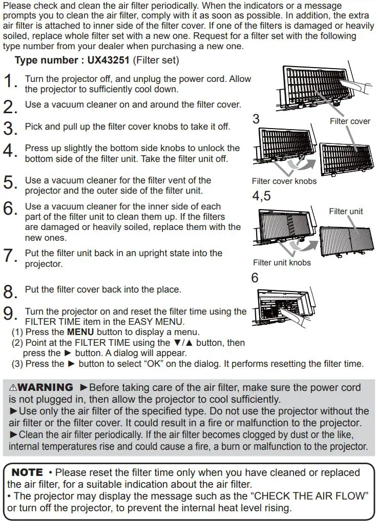 Hitachi LCD Projector User Manual - Cleaning and replacing the air filter