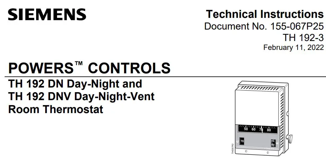 SIEMENS Powers Controls TH 192-3 Series Day Night Vent Room Thermostat Instruction Manual