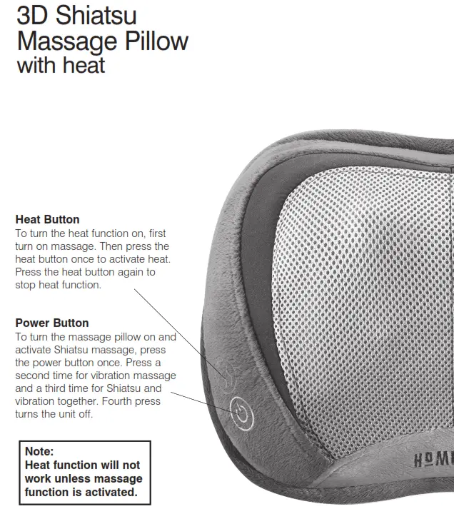 Homedics SP-100H 3D Shiatsu Massage Pillow with Heat Instruction - Heat Button