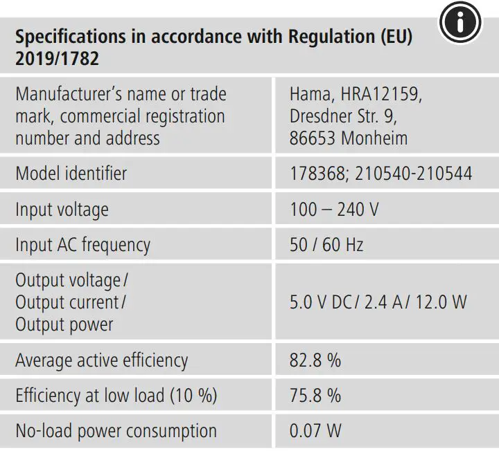 hama 00210540 2x USB-A Charger Instruction Manual - Technical Data