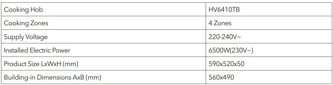 TESLA HV6410TB Ceramic Hob User Manual - TECHNICAL SPECIFICATION