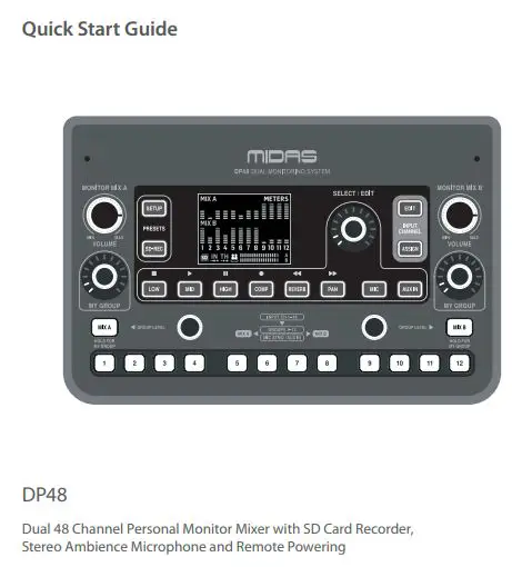 MIDAS Dual 48 Channel Personal Monitor Mixer with SD Card Recorder, Stereo Ambience Microphone Remote Powering