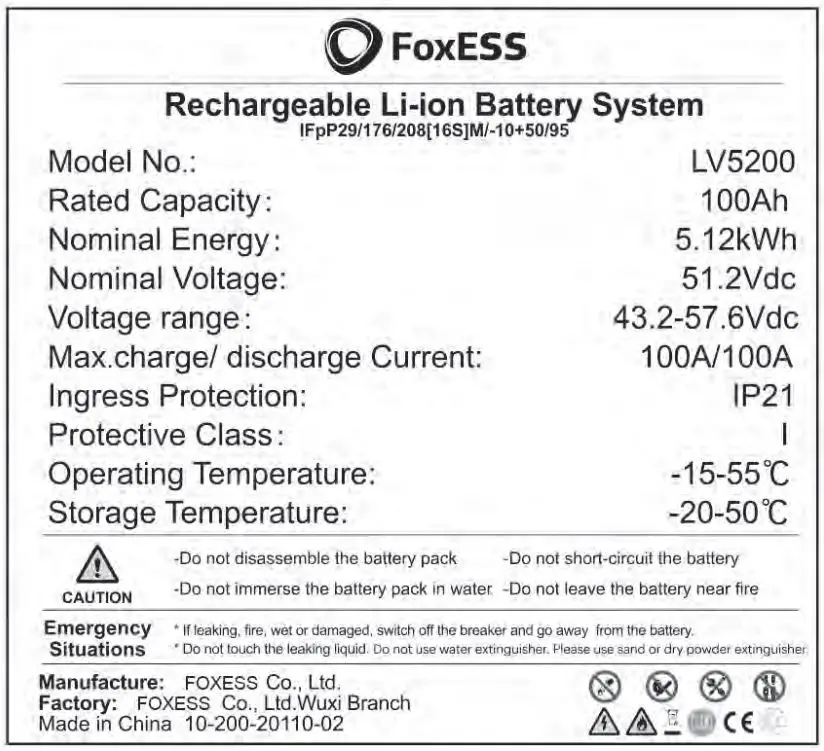 FOX-ESS LV5200 Solar Battery User Manual - Warning Labels