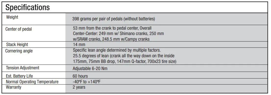 powertap Pedal Power Meter-PEDAL SPECIFICATIONS