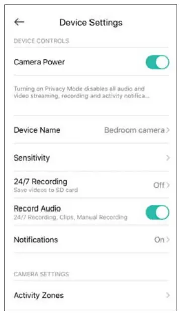 tp-link KC105 Kasa Spot 24 by 7 Recording Camera - Camera Settings