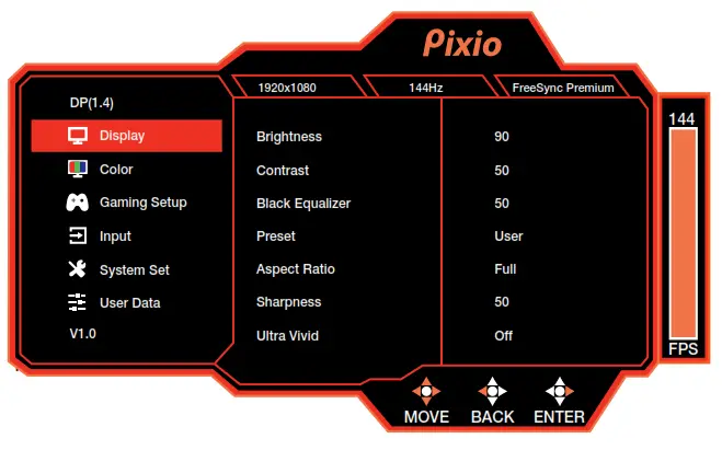 Pixio PX248 Prime Advanced Gaming Monitor - Main OSD Navigation