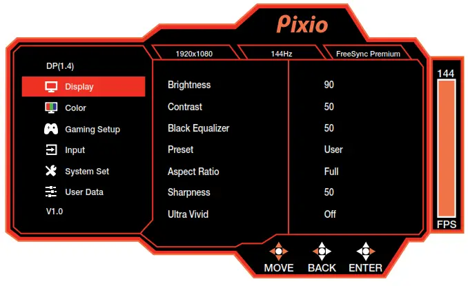 Pixio PX248 Prime Advanced Gaming Monitor - OSD Menu