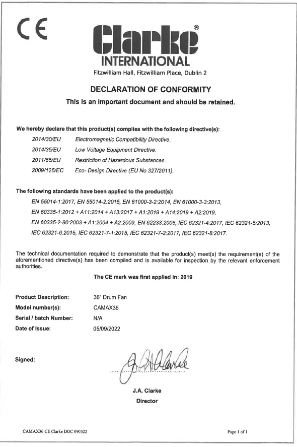 Clarke CAMAX24 36 Inch Drum-Fans (8)