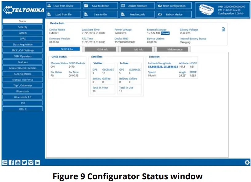 TELTONIKA FMB020 Easy OBDII Tracker - Status window