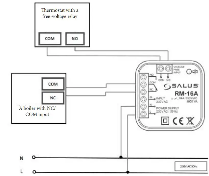 SALUS RM-16A Auxiliary Relays Module User Guide - Connection of the SALUS temperature regulator with NO/COM relay
