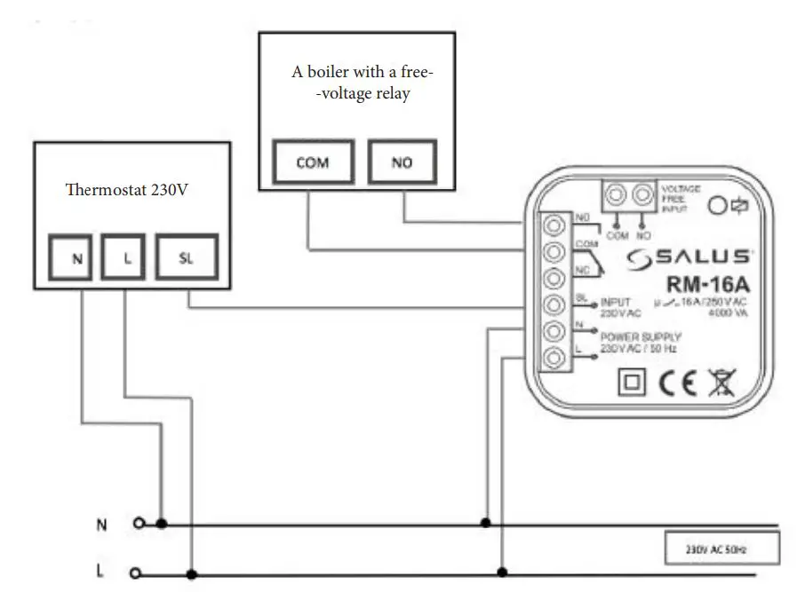 SALUS RM-16A Auxiliary Relays Module User Guide - Connection of the thermostat with a voltage relay 230V