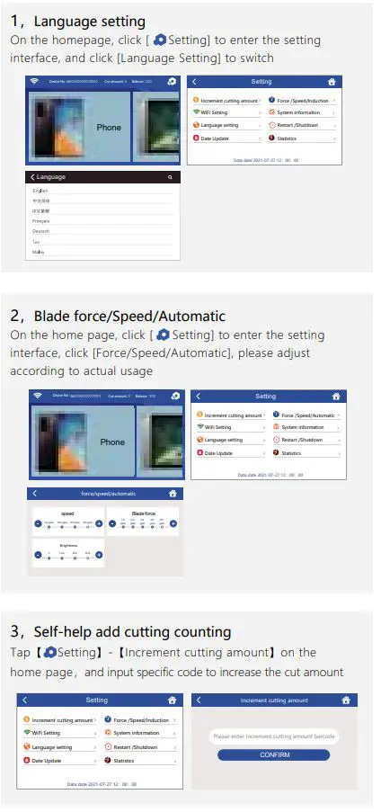 Shenzhen Instant Meiyue Technology SM-2103 Series Automatic Film Cutter User Manual - Machine Settings