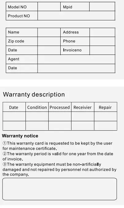 Shenzhen Instant Meiyue Technology SM-2103 Series Automatic Film Cutter User Manual - Warranty Card