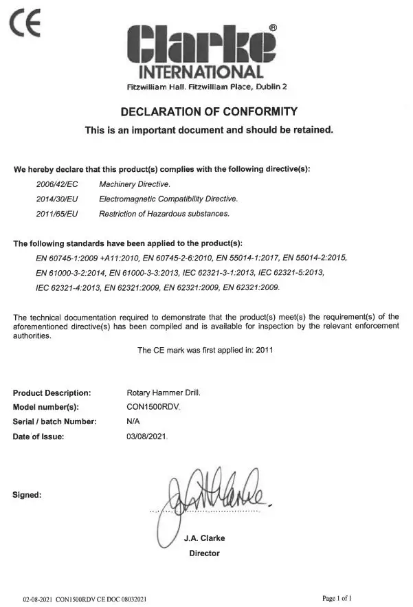 Clarke CON1500RDV Contractor Rotary Hammer Drill Instruction Manual - CE Certified