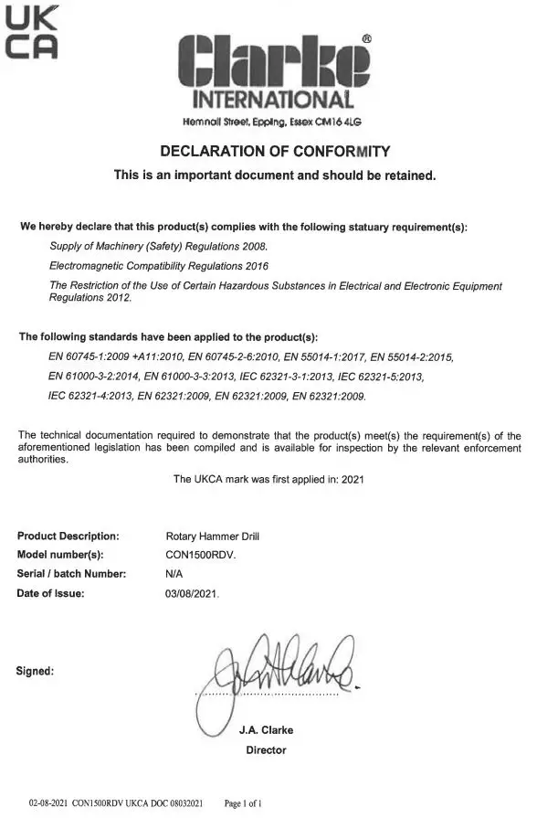Clarke CON1500RDV Contractor Rotary Hammer Drill Instruction Manual - UK CA Certified