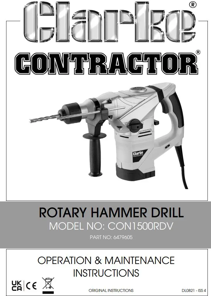 Clarke CON1500RDV Contractor Rotary Hammer Drill Instruction Manual