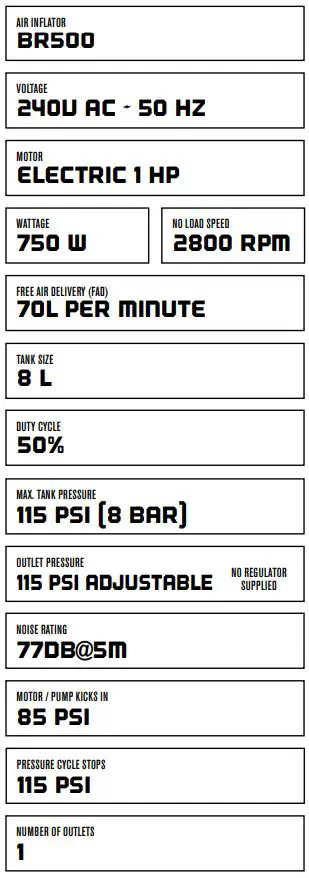 BLACK RIDGE 1HP Direct drive motor 8 Litre tank size Includes Nitto style fitting - Technical Information