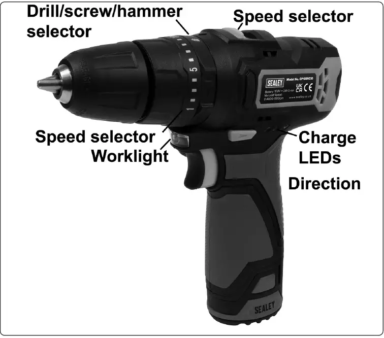 SEALEY CP108VDD 10.8v 2ah Ø10mm Cordless Hammer Drill 04