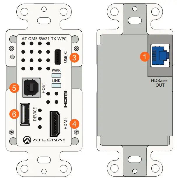 ATLONA AT OME SW21 TX WPC Wallplate HDBaseT Transmitter for HDMI and USB C with USB Hub - 4