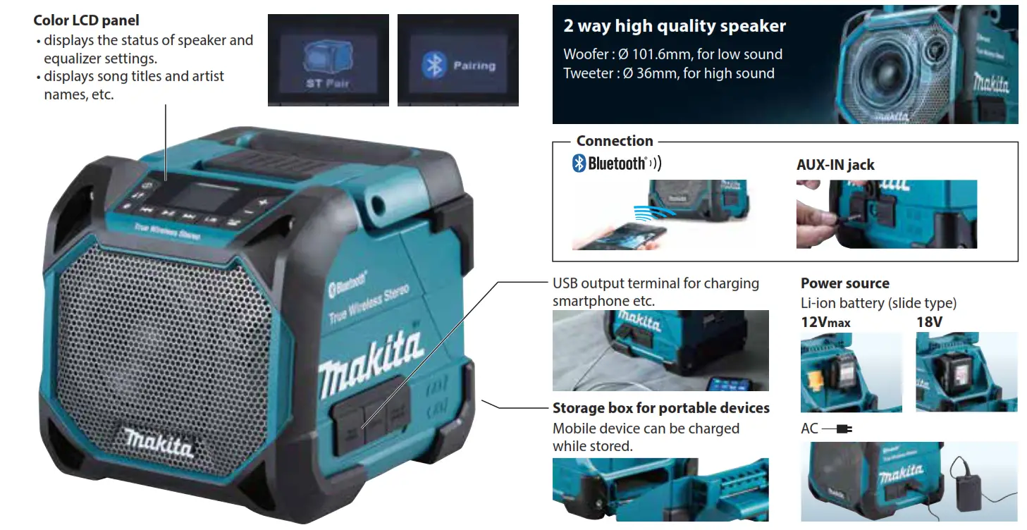 makita DMR203 12V Job Site Speaker - Color LCD panel