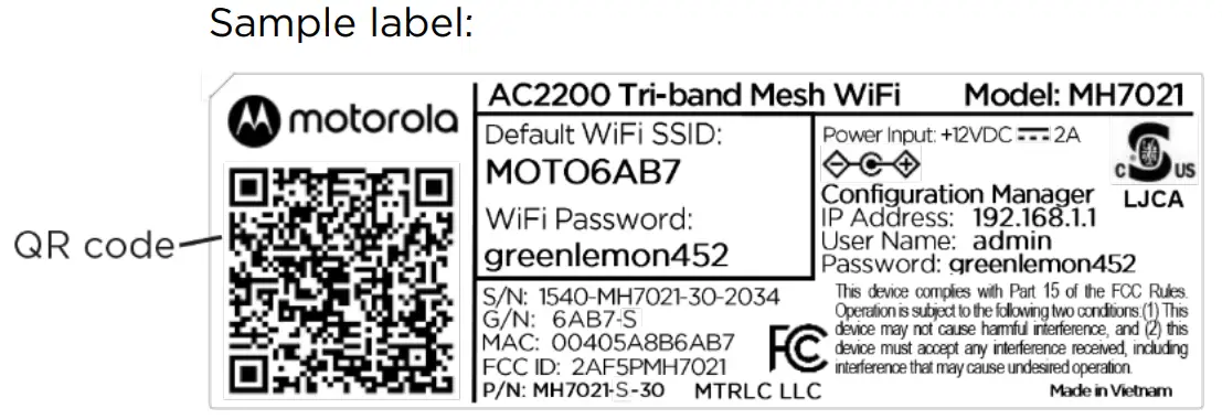 motorola MH7021 Whole Home AC2200 Wireless Tri-Band Gigabit Mesh WiFi Add-On Satellite --LABEL