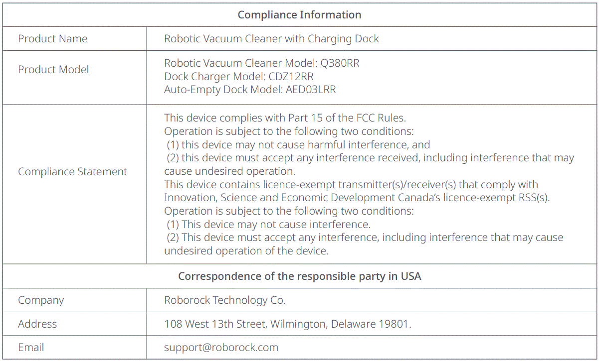 roborock Q7 Max Robotic Vacuum Cleaner User Manual - FCC IC Statement