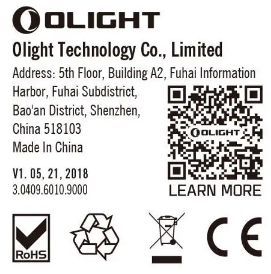 OLIGHT i3T EOS 180 Lumens Dual-Output Slim EDC Flashlight User Manual - OLIGHT Logo, QR Code & Certified license