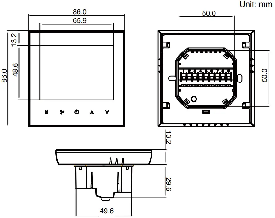 Beca BAC-2000 Series WiFi Thermostat For Fan Coil Unit - DIMENSION