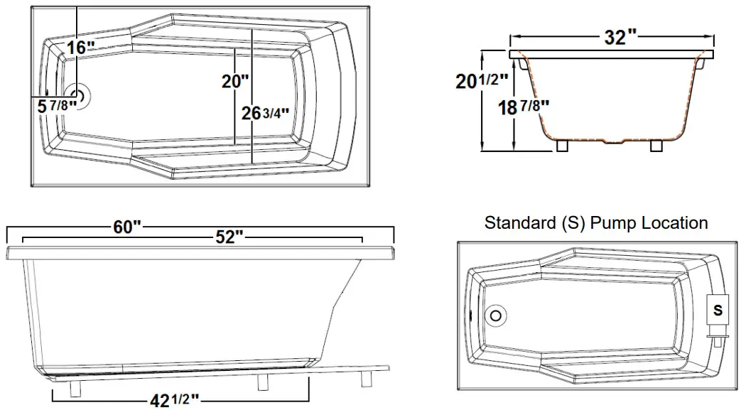 Laurel Mountain 6032WTA064 60 x 32 Inch Drop-In Acrylic Air Bath - Figure