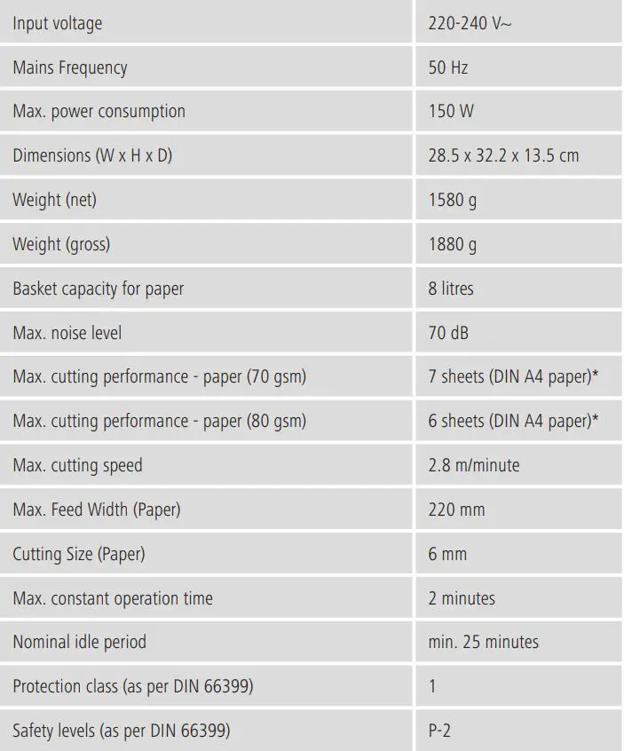 hama 00050541 Basic S6 Shredder Instruction Manual - Technical data