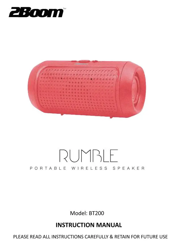 2Boom BT200 Rumble Bluetooth Speaker Instruction Manual