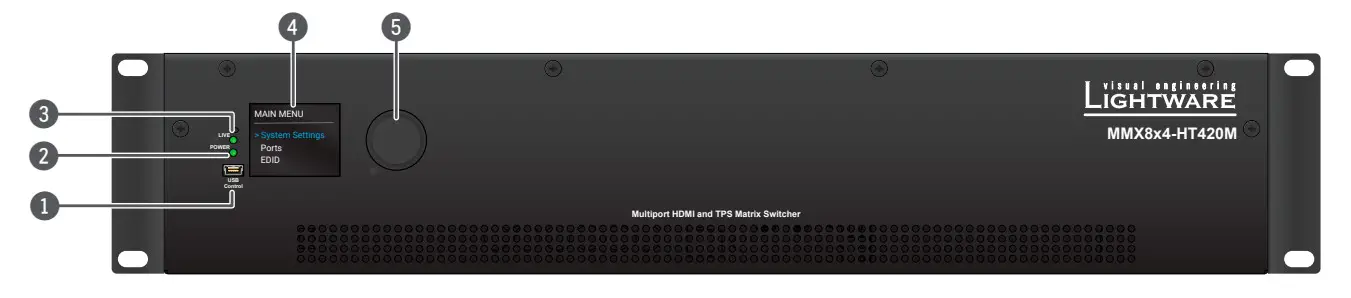 LIGHTWARE MMX8x4-HT420M DMI and TPS Matrix Switcher with Special Audio Inputs and Multiport Control Options - Front View