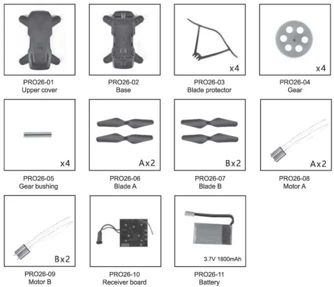 RCPRO PRO26 2.4G FPV Drone - PARTS LIST