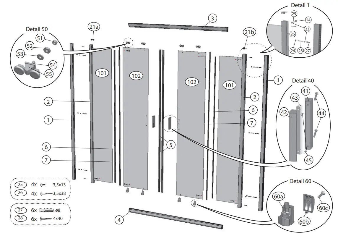 RAVAK BLIX BLDP4 160 Four Piece Sliding Shower Door - fig1