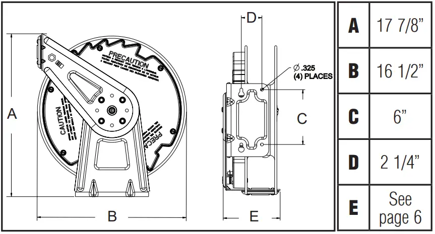 Reelcraft RT405 OLP 1 4 in. x 50 ft. Medium Duty Hose Reel - Dimensions