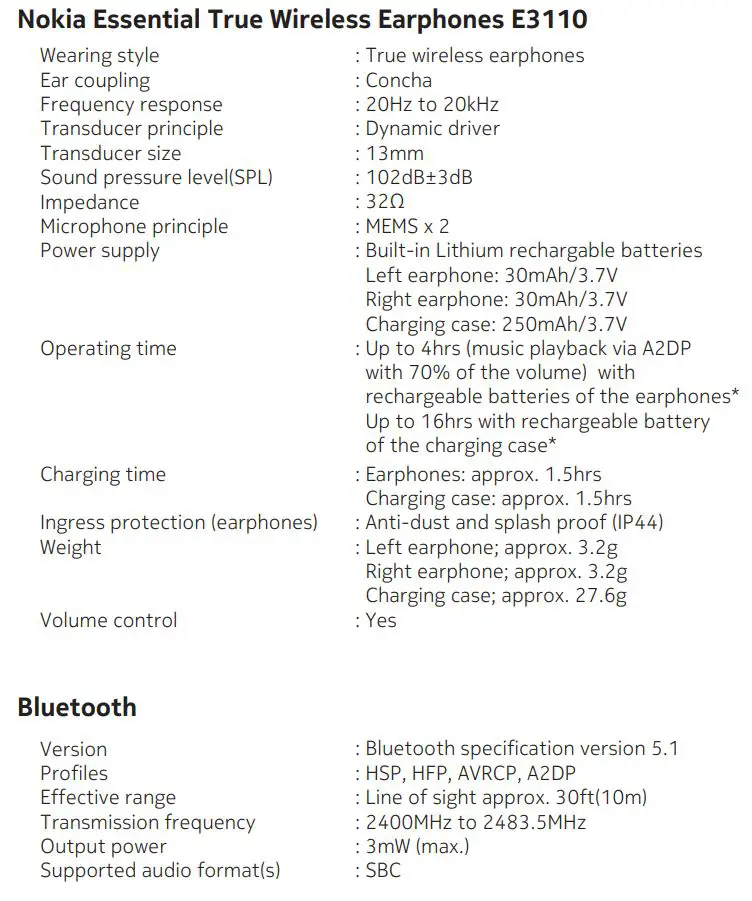 NOKIA E3110 Essential True Wireless Earphones User Guide - Specifications