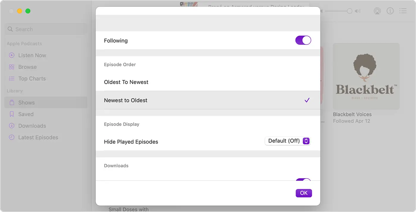 the Newest to Oldest option in the Apple Podcasts app on Mac