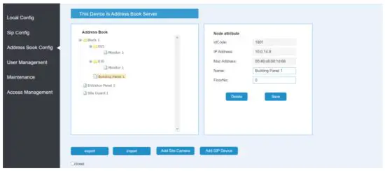 NOVUS NVE-EP200 Video intercom Entrance - Address Book Configuration Page